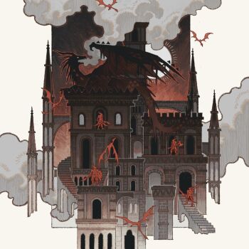 2025 4others ancient_dragon_(dark_souls) axe castle dark_souls_(series) dark_souls_ii day doorway dragon dragon_tail flying highres holding holding_axe holding_shield holding_sword holding_weapon knight la_bo_chu_shi multiple_others shield smoke spire stairs stone_stairs sun sword tail weapon white_background wings wyvern