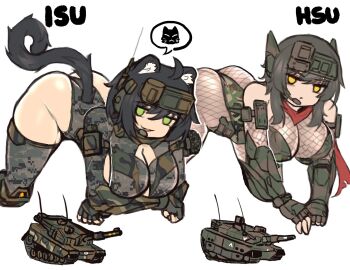 2girls animal_ears arm_armor armored_boots armored_gloves arms_under_breasts bincan black_hair bodystocking boots breasts camouflage camouflage_leotard camouflage_thighhighs cannon cleavage clenched_hand closed_mouth clothing_cutout crossed_arms eye_contact fingerless_gloves fishnet_bodystocking fishnet_sleeves fishnets full_body gloves glowing gluteal_fold green_eyes green_hair hair_between_eyes headgear headset highleg highleg_leotard jack-o'_challenge japan_self-defense_force k2_black_panther large_breasts leotard looking_at_another low_ponytail mecha_musume military military_vehicle motor_vehicle multiple_girls open_mouth original panther panther_ears panther_tail personification ponytail red_scarf revealing_clothes scarf short_hair skin_tight smokestack tail tank thigh_boots thighhighs torn_clothes torn_scarf type_10_(tank) yellow_eyes