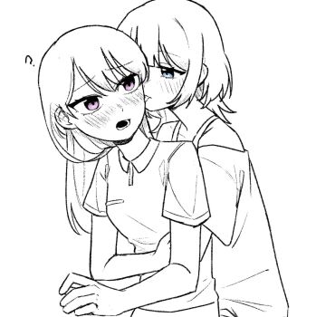 2girls ? baiyupiao bang_dream! bang_dream!_it's_mygo!!!!! blue_eyes blush chinese_commentary commentary_request ear_blush greyscale highres hug hug_from_behind kaname_raana licking licking_another's_face long_hair medium_hair monochrome multiple_girls purple_eyes shiina_taki short_hair spot_color yuri