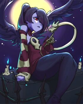 1girl bare_shoulders black_wings blue_fire blue_hair blue_skin bubene candle colored_skin detached_collar detached_sleeves fire full_moon hair_over_one_eye leviathan_(skullgirls) long_hair moon object_through_head red_eyes side_ponytail sitting skull skullgirls squigly_(skullgirls) stitched_mouth stitches striped_clothes striped_sleeves wings zombie