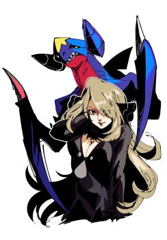 Rule 34 | 1girl, absurdres, arm behind head, black dress, blonde hair, breasts, cleavage, cleavage cutout, clothing cutout, cropped legs, cynthia (pokemon), dragon, dress, duckpasta flo, fur-trimmed sleeves, fur collar, fur trim, garchomp, gen 4 pokemon, hair ornament, highres, large breasts, long hair, long sleeves, looking at viewer, nintendo, parted bangs, partially shaded face, pokemon, pokemon (creature), pokemon dppt, sharp teeth, sidelocks, sketch, solo focus, swept bangs, teeth, white background