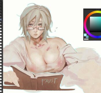 1girl 2400db art_program_in_frame blonde_hair book breasts bright_pupils brown_lips bruise bruise_on_neck dress faust_(project_moon) glasses grey_eyes hickey highres injury large_breasts light_frown limbus_company lying medium_hair no_bra on_side open_book project_moon reading rectangular_eyewear see-through_clothes see-through_dress simple_background solo white_background white_dress white_pupils