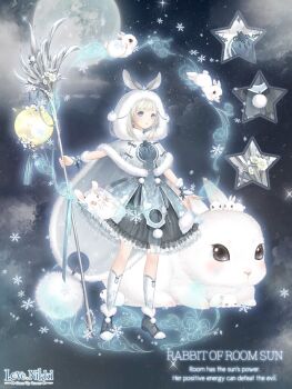 1girl :o animal animal_ear_fluff animal_ears artist_request black_boots black_skirt blonde_hair blue_dress blue_eyes blue_ribbon boots character_name chinese_clothes cloak cloud copyright_logo dot_nose dress ears_through_headwear english_text expressionless frilled_skirt frills full_body full_moon fur-trimmed_boots fur-trimmed_cloak fur-trimmed_hood fur-trimmed_wrist_cuffs fur_trim grey_cloak holding holding_staff hood hood_up hooded_cloak kneehighs knees lantern light_blush logo long_hair looking_at_viewer magic medium_skirt miracle_nikki moon night nikki_(series) official_art open_mouth outdoors outline oversized_animal paper_lantern pleated_skirt pom_pom_(clothes) print_dress rabbit rabbit_ears rabbit_girl rabbit_of_room_sun_(miracle_nikki) ribbon short_dress skirt skirt_under_dress sky snowflake_print socks solo staff standing star_(sky) star_(symbol) starry_sky tareme third-party_source white_outline white_socks white_wrist_cuffs wrist_cuffs wrist_ribbon