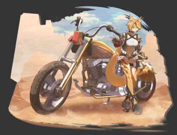 1girl absurdres animal_ear_fluff animal_ears black_background black_gloves black_shorts blonde_hair blue_shorts blue_sky body_fur bra breasts cat_ears cat_girl cat_tail cleavage collar commentary english_commentary fingerless_gloves fur-trimmed_shorts fur_trim furry furry_female gloves green_eyes hand_up highres large_breasts leaning_against_motorcycle long_hair looking_at_viewer micro_shorts midriff motor_vehicle motorcycle multicolored_fur navel open_mouth outdoors pouch pulchra_fellini sand shorts sky solo spiked_jacket tail thigh_pouch underwear user_ptdu4788 white_bra yellow_fur zenless_zone_zero