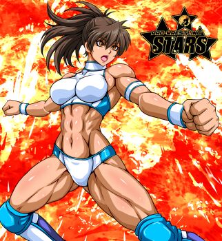 1girl abs armband brown_hair clenched_hands english_text fuyumi_natsuko hair_between_eyes highres muscular muscular_female navel orange_eyes original ponytail shiny_skin solo tagme taroimo_(00120014) wrestler wrestling_outfit wristband