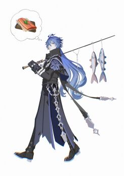 1boy antenna_hair big_itachi black_boots black_coat black_gloves blue_hair boots coat collared_coat commentary english_commentary fish fish_(food) fishing_rod flins_(genshin_impact) full_body genshin_impact gloves hair_between_eyes highres holding holding_fishing_rod image_in_thought_bubble imagining long_hair long_sleeves male_focus parted_lips simple_background solo speech_bubble thought_bubble walking white_background yellow_eyes