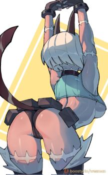 1girl animal_ears arched_back arms_up ass belt belt_pouch breasts cat_ears cat_tail corrupted_twitter_file dark-skinned_female dark_skin fingerless_gloves gloves highres large_breasts ms._fortune_(skullgirls) partially_visible_vulva pouch scar short_hair sideboob simple_background skullgirls solo stretching tail underboob wersman white_hair