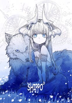 1girl artist_name bare_shoulders between_legs blue_eyes blue_theme closed_mouth commentary dress grass hand_between_legs hands_on_lap highres horizontal_pupils horns long_hair looking_at_viewer monochrome on_grass original ship_o_man1015 sitting sleeveless sleeveless_dress symbol-only_commentary wariza white_background wolf