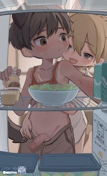 2boys absurdres animal_ears black_hair blonde_hair blush brown_eyes commentary dog_boy dog_ears dog_tail drink_carton english_commentary erection fang floppy_ears food grey_eyes grey_shorts hand_under_clothes highres kodomo_doushi male_focus milk_carton multiple_boys navel omurice_(roza4957) open_mouth original paid_reward_available penis_out pudding red_tank_top refrigerator shirt short_hair shorts shota t-shirt tail tan tank_top tanline uncensored white_shirt yaoi