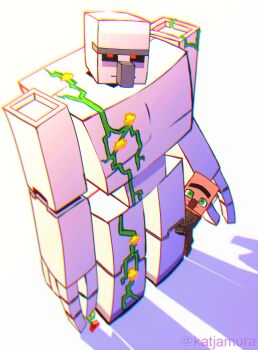 1other absurdres arm_vines brown_shirt creature flower from_side giant golem green_eyes head_tilt hiding highres holding holding_flower iron_golem_(dark_souls) iron_golem_(minecraft) katjamura long_nose looking_at_viewer mechanical_arms mechanical_legs metal_skin minecraft plant poppy_(flower) red_eyes red_flower shadow shirt simple_background sunlight taking_cover thick_eyebrows twitter_username villager_(minecraft) vines white_background