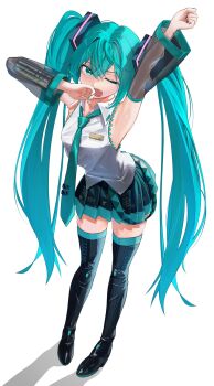 1girl aqua_eyes aqua_hair aqua_nails aqua_necktie aqua_trim arm_up armpit_focus armpits black_skirt boots breasts commentary_request detached_sleeves full_body hair_between_eyes hair_ornament hatsune_miku highres hxk4_n long_hair long_sleeves looking_at_viewer medium_breasts miniskirt necktie one_eye_closed open_mouth pleated_skirt presenting_armpit see-through_clothes see-through_sleeves shirt skirt sleeveless sleeveless_shirt solo tears thigh_boots thighhighs tie_clip twintails very_long_hair vocaloid white_shirt yawning zettai_ryouiki