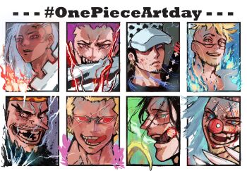 6+boys beard beard_stubble black_hair blonde_hair blood blood_on_face blue_eyes blue_fire blue_hair buggy_the_clown charlotte_katakuri crocodile_(one_piece) donquixote_doflamingo earrings facial_hair facial_tattoo fire glasses goddkilly hashtag-only_commentary hat highres hook_hand jewelry king_(one_piece) long_nose looking_at_viewer makeup male_focus marco_(one_piece) marshall_d._teach missing_tooth multiple_boys multiple_drawing_challenge one_piece purple_hair red_nose sharp_teeth short_hair smile stitched_face stitches stubble sunglasses tattoo teeth tongue tongue_out trafalgar_law white_hair