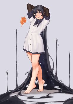 Rule 34 | 1girl, absurdly long hair, absurdres, aiharararara, arms behind head, barefoot, black hair, blue eyes, creature, dress, flat chest, from side, full body, highres, lips, long hair, looking at viewer, mascot, mua (aiharararara), nail polish, original, simple background, smile, solo, tiptoes, toenail polish, toenails, toes, very long hair, white dress