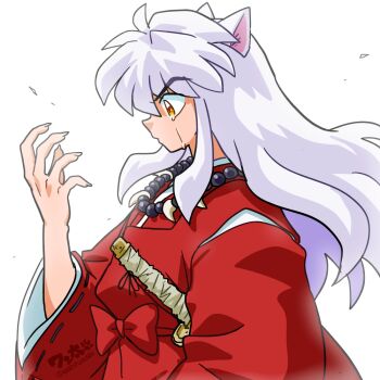 1boy animal_ears bead_necklace beads dog_boy dog_ears fingernails from_side hand_up inuyasha inuyasha_(character) japanese_clothes jewelry kimono male_focus necklace red_kimono sharp_fingernails solo tearing_up tooth_necklace upper_body v-shaped_eyebrows wanta_(futoshi) white_background white_hair yellow_eyes