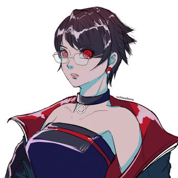 1girl absurdres alternate_breast_size black_collar black_hair blurry boruto:_two_blue_vortex breasts chinese_commentary cleavage collar collarbone commentary_request earrings glasses highres jacket jacket_on_shoulders jewelry large_breasts lipstick looking_at_viewer makeup mangekyou_sharingan naruto_(series) red_eyes sharingan short_hair solo strapless tube_top twitter_username uchiha_sarada uchiwaflame