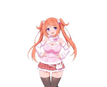 1girl ayu_(sakura_succubus) blush frills hair_ornament hairpin multiple_hairpins off_shoulder official_art orange_hair purple_eyes ribbon sakura_succubus skirt sprite standing stuffed_animal stuffed_rabbit stuffed_toy sweater thighhighs twintails wanaca