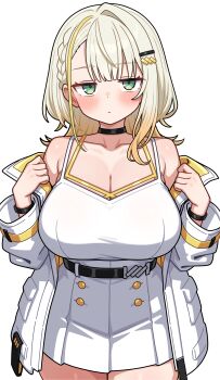 1girl a.i._voice absurdres black_choker blonde_hair blush bracelet braid breasts choker cleavage collarbone commentary_request cowboy_shot dress green_eyes hair_ornament hairclip highres jacket jewelry jitome large_breasts long_sleeves looking_at_viewer medium_hair multicolored_hair shiguren_39 simple_background sleeveless sleeveless_dress solo streaked_hair tsunose_kotone white_background white_dress white_jacket