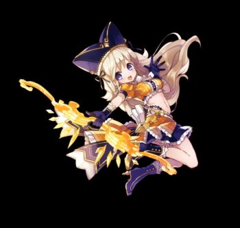 1girl :d black_background black_boots black_gloves black_hat black_skirt blue_eyes blush boots bow bow_(weapon) bowtie breasts brown_hair crop_top frilled_skirt frills full_body gloves hat holding holding_bow_(weapon) holding_weapon long_hair medium_breasts merc_storia merc_storia_art_team miniskirt navel official_art open_hand open_mouth puffy_short_sleeves puffy_sleeves short_sleeves simple_background skirt smile solare_(merc_storia) solo spread_fingers standing tachi-e weapon white_bow