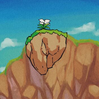 adversarial_noise blue_sky byackopath_(artist) cliff cloud commentary_request day flower grass no_humans original outdoors outline painterly plant sky still_life white_flower