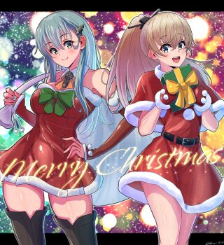 2girls absurdres aqua_eyes aqua_hair arm_warmers ascot bare_shoulders blue_eyes blush boots box breasts brown_hair christmas christmas_tree_hair_ornament cleavage commentary_request detached_collar detached_sleeves dress fireworks fur-trimmed_dress fur_trim gift gift_box gloves hair_ornament hairclip highres holding holding_gift holding_sack kantai_collection kumano_(christmas)_(kancolle) kumano_(kancolle) large_breasts long_hair looking_at_viewer multiple_girls open_mouth orange_ascot ponytail red_dress sack santa_costume santa_dress smile strapless strapless_dress suzuya_(christmas)_(kancolle) suzuya_(kancolle) thighhighs yoko_hata