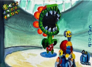 1boy 1other boss_fight caydeplanet commentary english_commentary f.l.u.d.d. hat highres mario mario_(series) nintendo oil_painting_(medium) painting_(medium) petey_piranha plant_monster red_hat sharp_teeth signature super_mario_sunshine teeth traditional_media user_interface
