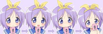 1girl :d :q absurdres arrow_(symbol) blue_eyes blue_sailor_collar blush commentary_request confused furrowed_brow headband highres hiiragi_tsukasa holding holding_phone looking_at_phone lucky_star meisoochuu multiple_expressions open_mouth phone purple_hair sailor_collar short_hair smile tareme tongue tongue_out yellow_headband