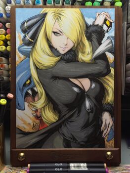 1girl 1other art_tools_in_frame black_sclera blonde_hair breasts cleavage colored_sclera commentary cynthia_(pokemon) english_commentary eyelashes fangs fur-trimmed_sleeves fur_collar fur_trim garchomp gen_4_pokemon grey_eyes hair_over_one_eye highres holding holding_poke_ball long_hair marker_(medium) nintendo poke_ball pokemon pokemon_(creature) pokemon_dppt sharp_teeth smile stanley_lau talons teeth traditional_media ultra_ball very_long_hair wavy_hair yellow_eyes