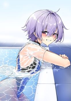 1girl absurdres blue_one-piece_swimsuit commentary_request competition_swimsuit cowboy_shot grin highleg highleg_one-piece_swimsuit highres looking_at_viewer multicolored_swimsuit one-piece_swimsuit poolside purple_hair red_eyes shirt short_hair smile solo swimsuit voiceroid wet wet_clothes wet_shirt white_shirt yuzuki_yukari zooanime
