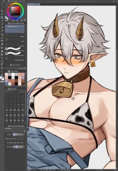 1boy 1hp_club :| ahoge animal_print art_program_in_frame averting_eyes bell closed_mouth collar commentary covered_erect_nipples cow_horns cow_print cowbell dog_tags double-parted_bangs elfboiii english_commentary grey_eyes hair_between_eyes highres horns male_focus muscular muscular_male no_shirt obi_(1hp_club) pet_play pointy_ears revealing_clothes screencap short_hair solo suspenders suspenders_hanging white_hair