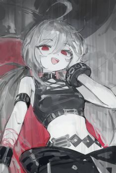 1girl ahoge arm_strap bare_shoulders black_shirt black_survival bracelet breasts commentary crop_top eternal_return:_black_survival garnet_(black_survival) grey_hair hand_up highres jewelry korean_commentary long_hair looking_at_viewer low_twintails mia_(39565899) midriff navel open_mouth red_eyes shirt sleeveless sleeveless_shirt small_breasts smile solo stomach twintails upper_body very_long_hair