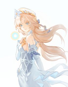 1girl absurdres baccapy0806 backless_dress backless_outfit bare_shoulders beret blonde_hair blue_eyes commentary cross-shaped_pupils detached_sleeves dress english_commentary genshin_impact hat highres long_hair looking_at_viewer looking_back nicole_reeyn parted_lips simple_background smile solo symbol-shaped_pupils upper_body white_background white_dress white_hat white_sleeves