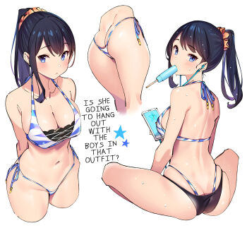10s 1girl :< absurdres arms_behind_back ass back bikini bikini_bottom_only black_bikini black_hair breasts butt_crack cellphone cleavage commentary_request food gridman_universe hair_between_eyes hard-translated highres holding holding_phone layered_bikini looking_at_viewer looking_back multiple_views navel orange_scrunchie phone ponytail popqn popsicle scrunchie side-tie_bikini_bottom sitting smartphone ssss.gridman string swimsuit takarada_rikka thick_thighs thighs third-party_edit thong thong_bikini translated v_arms wide_hips