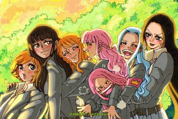 &gt;_&lt; 6+girls ^_^ anti-eyebrow_piercing armband blue_eyes blue_hair blunt_bangs blush boa_hancock braid brown_eyes closed_eyes commentary earrings english_commentary face_piercing half_updo highres hug hug_from_behind itstheenami jewelry jewelry_bonney koala_(one_piece) long_hair multiple_girls nami_(one_piece) nefertari_vivi nico_robin one_piece orange_hair outdoors perona piercing pink_hair profile short_hair smile snake_earrings v-shaped_eyebrows
