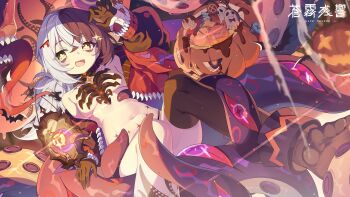 1girl black_gloves breasts brown_hair candy chinese_commentary chocolate cuffs feet food gloves green_eyes grey_hair halloween halloween_costume haze/reverb heterochromia highres jack-o&#039;-lantern multicolored_hair navel official_alternate_costume official_art open_mouth pumpkin shackles single_thighhigh skadi_(haze/reverb) small_breasts smile teeth tentacles thighhighs yellow_eyes
