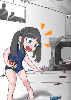 1girl 2boys aperture_laboratories aperture_science black_hair camera candy food fukouna_shoujo_03 laboratory loli machine multiple_boys portal_(series) smile stuffed_toy swimsuit twintails tyrone vvindowsme