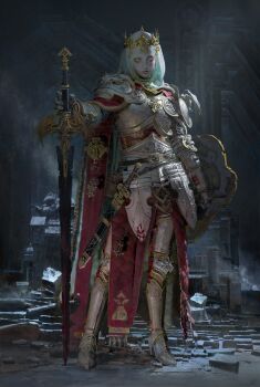 1girl absurdres arm_at_side armor black_blade blood blood_on_armor bloody_weapon boots breastplate cape chipped_sword closed_mouth contrapposto cross crown cuisses fantasy faulds full_body fur_trim gauntlets greatsword greaves high_heel_boots high_heels highres holding holding_shield holding_sword holding_weapon indoors knight legs_apart light_rays lips looking_at_viewer makeup nose original ornate_armor ornate_weapon pauldrons poleyn pouch realistic ruanjia rubble ruins sabaton sheath sheathed shield short_sword shoulder_armor solo standing strap sunbeam sunlight sword tassets veil weapon white_eyes