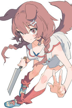 1girl absurdres animal_ears braid brown_eyes brown_hair closed_mouth collar dog_ears dog_girl dog_tail dress highres holding holding_knife hololive inugami_korone inugami_korone_(1st_costume) knife leg_warmers looking_at_viewer medium_hair red_collar red_leg_warmers shoes smile solo tail tamo_(gaikogaigaiko) twin_braids v virtual_youtuber white_dress white_shoes