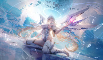 1girl absurdres arm_up armored_boots bare_shoulders boots breasts broken_glass capelet chaos_zero_nightmare cloud detached_sleeves fufu glass grey_hair hair_between_eyes halo highres horns large_breasts leotard long_hair looking_at_viewer mechanical_horns mechanical_wings parted_lips purple_eyes reflection ruins sereniel_(chaos_zero_nightmare) sideboob sidelocks sky smile solo sunlight white_boots white_capelet white_leotard white_sleeves wings zipper