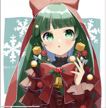 1girl bell blunt_bangs border bow dress front_ponytail green_background green_eyes green_hair hair_ornament hand_up holly kagiyama_hina kuroda_(chokobo_314) long_hair long_sleeves open_mouth red_bow red_dress red_ribbon ribbon snowflake_background solo touhou twitter_username upper_body white_border white_bow