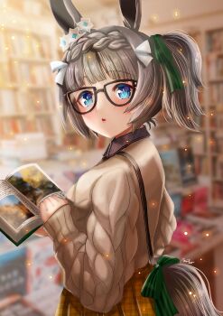 1girl alternate_costume animal_ears black-framed_eyewear black_hair black_shirt blue_eyes blurry blurry_background blush book bookstore braid clothing_cutout collared_shirt commentary_request crown_braid ear_ornament glasses highres holding holding_book horse_ears horse_girl horse_tail indoors looking_at_viewer open_book orange_skirt otono_(bkt4b) parted_lips plaid_clothes plaid_skirt ponytail shirt shop short_ponytail skirt solo sweater tail tail_through_clothes umamusume zenno_rob_roy_(umamusume)