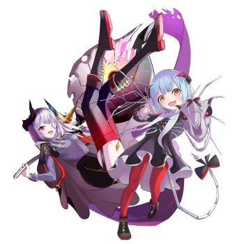 2girls black_cape bone bungo_yayoi cape dress eyepatch fake_horns green_hair heaven_burns_red horns long_hair multiple_girls official_alternate_costume official_alternate_hair_length official_alternate_hairstyle one_eye_covered pantyhose red_eyes red_pantyhose short_hair skeletal_wings skull thighhighs tsukune2398 white_hair wings yamawaki_bon_ivar yellow_eyes