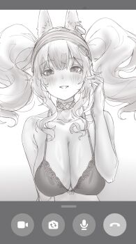 1girl absurdres angelina_(arknights) animal_ears arknights blush bow bow_bra bra collarbone earpiece fake_screenshot fourtwelve fox_ears fox_girl hairband hands_in_own_hair highres infection_monitor_(arknights) long_hair looking_at_viewer parted_lips sidelocks solo striped_clothes striped_hairband twintails underwear