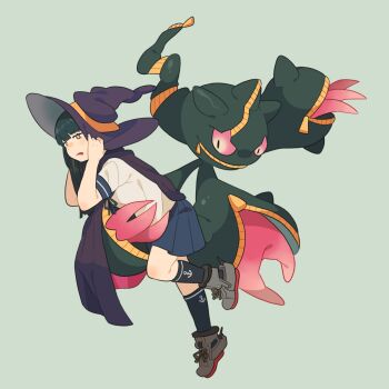 1girl banette black_hair black_socks blue_skirt brown_eyes cape claws colored_sclera crossover emu_(eomou) gen_3_pokemon hat hatsuyuki_(kancolle) highres kantai_collection kneehighs long_hair mega_banette mega_pokemon nintendo pleated_skirt pokemon pokemon_(creature) purple_cape purple_hat school_uniform serafuku shoes short_sleeves simple_background skirt socks witch_hat yellow_sclera