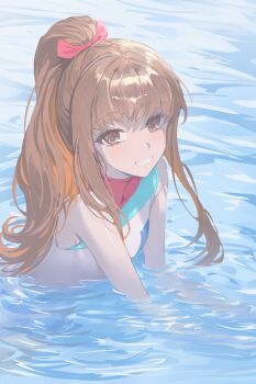 1girl absurdres bare_shoulders blush breasts brown_eyes brown_hair celeb_summer_experience! commentary_request fate/grand_order fate_(series) highres in_water kishinami_hakuno_(female) long_hair looking_at_viewer multicolored_hair multicolored_swimsuit muneomon_(takomon) one-piece_swimsuit ponytail sidelocks small_breasts smile solo swimsuit turtleneck turtleneck_one-piece_swimsuit
