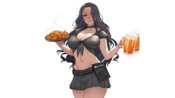1girl absurdres alcohol beer beer_mug black_choker black_hair black_shirt black_skirt breasts chicken_(food) chicken_wing choker collarbone collared_shirt cup food front-tie_top highres holding holding_cup holding_plate linea_alba long_hair looking_at_viewer mole mole_on_breast mole_under_eye mug multiple_moles myth1carts navel nijisanji nijisanji_en plate pleated_skirt red_eyes scarle_yonaguni shirt skirt solo transparent_background virtual_youtuber waitress