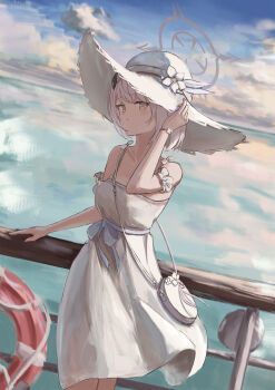 1girl absurdres adjusting_clothes adjusting_headwear bag blue_archive blue_sky cloud cloudy_sky commentary_request demon_horns dress grey_halo halo hat highres horns kogure0012 lifebuoy looking_at_viewer outdoors railing sena_(blue_archive) sena_(casual)_(blue_archive) short_hair shoulder_bag sky sleeveless sleeveless_dress solo sun_hat sundress swim_ring water white_bag white_dress white_hair white_hat yellow_eyes