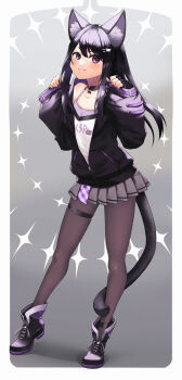1girl absurdres animal_ears black_boots black_choker black_gloves black_hair black_pantyhose blush boots camisole cat_ears cat_girl cat_tail choker fingerless_gloves flat_chest full_body gloves gradient_hair grey_skirt highres indie_virtual_youtuber jacket ksp_(vtuber) long_hair long_sleeves looking_at_viewer miniskirt multicolored_hair noname0516 open_clothes open_jacket pantyhose pleated_skirt purple_eyes purple_hair purple_jacket skirt sleeves_past_wrists solo standing tail thigh_strap tiptoes unzipped virtual_youtuber zipper zipper_pull_tab