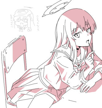 1girl blue_archive chair chibi chibi_inset choker desk halo helmet holding long_hair looking_at_viewer monochrome multiple_views neckerchief nyaru_(nyaru_4126) on_chair open_mouth pleated_skirt rabu_(blue_archive) sailor_collar school_chair school_desk school_uniform serafuku shadow shirt simple_background skirt translation_request v very_long_hair welding_mask white_background