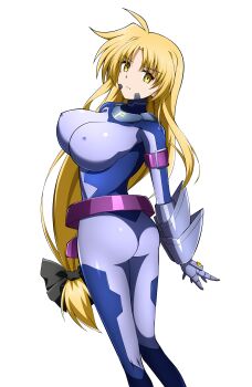 1girl absurdres ass blonde_hair blue_bodysuit blush bodysuit breasts closed_mouth fate_testarossa from_behind hair_ribbon highres large_breasts long_hair looking_at_viewer lyrical_nanoha magical_girl mahou_shoujo_lyrical_nanoha_strikers military_uniform numbers&#039;_uniform oshimaru026 ponytail ribbon simple_background solo white_background yellow_eyes