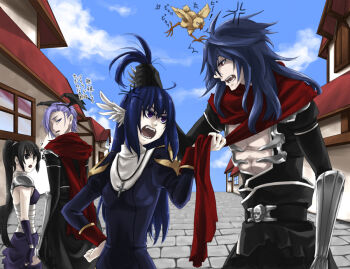 2boys 2girls animal animal_on_head arguing assassin_(ragnarok_online) assassin_cross_(ragnarok_online) baby_animal bird bird_on_head black_hair black_pants black_shirt black_wings blue_dress blue_hair blue_sky breasts chick city cloud commentary_request cross cross_necklace day dress eremes_guile fake_wings feathered_wings fingerless_gloves gloves grabbing_another&#039;s_hair head_wings high_ponytail holding_another&#039;s_hair house jewelry juliet_sleeves leotard long_hair long_sleeves looking_at_another medium_breasts multiple_boys multiple_girls necklace on_head open_mouth outdoors pants ponytail priest_(ragnarok_online) puffy_sleeves purple_eyes purple_gloves purple_hair purple_leotard ragnarok_online red_scarf scarf shirt short_hair skull sky toriria translation_request upper_body vambraces white_wings wings